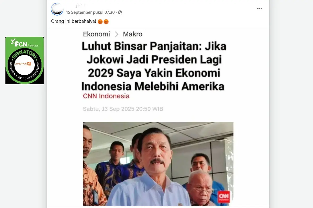 Tangkapan layar klaim artikel Luhut Binsar Pandjaitan menyatakan jika Jokowi menjadi presiden lagi 2029 maka ekonomi Indonesia melebihi Amerika.