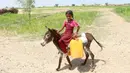 Seorang anak perempuan pengungsi internal Yaman tiba dengan menunggang keledai di tempat penampungan air untuk mengisi jeriken di Distrik Abs, Provinsi Hajjah, Yaman, 10 Oktober 2026. (Essa Ahmed/AFP)