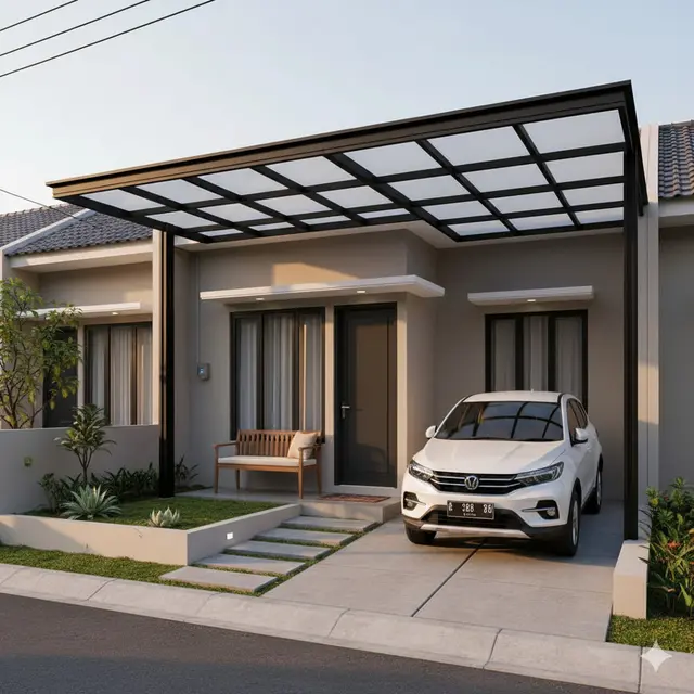 Desain Rumah Tipe 36 dengan Kanopi Mobil dan Halaman Depan