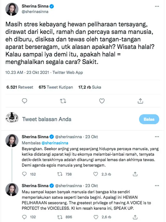 Sherina Munaf Trending Usai Soroti Kasus Penyiksaan Anjing di Aceh. (twitter.com/sherinasinna)