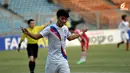 Pemain Korsel nomor 11, Hwang Hee Chan melakukan selebrasi usai mencetak gol ke gawang Laos (Liputan6/ Helmi Fithriansyah)