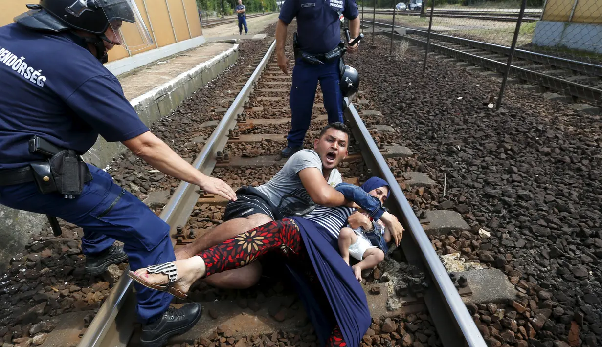 Polisi Hungaria saat akan menangkap keluarga migran yang ingin melarikan diri di stasiun kereta api di kota Bicske, Hongaria, 3 September 2015. (REUTERS/Laszlo Balogh)
