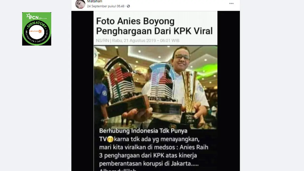 Penelusuran Klaim Memberitakan Anies Menerima Tiga Penghargaan dari KPK