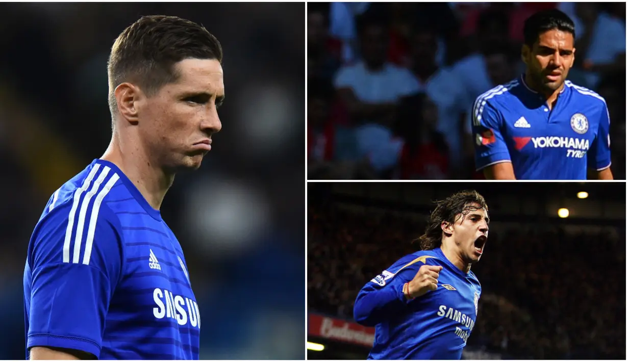 Berikut para pemain bintang yang mengalami penurunan performa ketika menggunakan nomor 9 di Chelsea. Diantaranya, Fernando Torres, Hernan Crespo dan Radamel Falcao. (Foto-foto Kolase AFP)