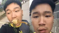 Bibir pemuda ini bengkak karena memakan madu langsung dari sarangnya (@witsawa56/tiktok.com).