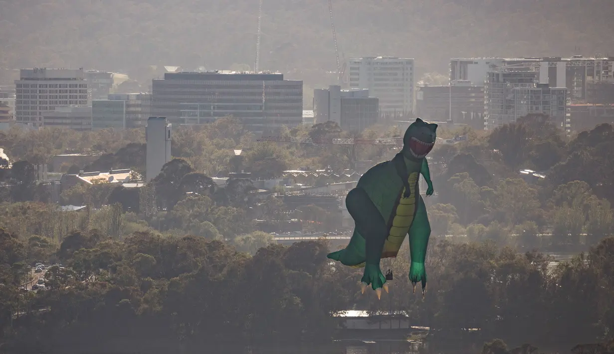 Sebuah balon udara berbentuk t-rex terlihat mengudara di langit Canberra selama festival tahunan Canberra Balloon Spectacular di Australia, Rabu (11/3/2020). Festival yang berlangsung selama sembilan hari ini menghadirkan lebih dari 30 balon udara dari seluruh dunia. (Xinhua/Liu Changchang)
