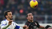 Penyerang Sampdoria, Manolo Gabbiadini (kiri) berebut bola dengan gelandang AC Milan,  Ismael Bennacer pada pertandingan Liga Serie A Italia di stadion San Siro, Milan pada 6 Januari 2020. Sampdoria mengumumkan bahwa striker Manolo Gabbiadini dinyatakan positif virus corona. (AFP/Miguel Medina)