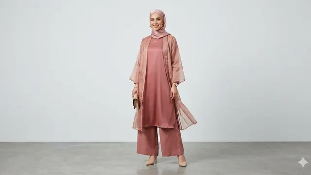 Model Baju Lebaran 2026; Setelan Palazzo dan Outer Organza. Foto: AI