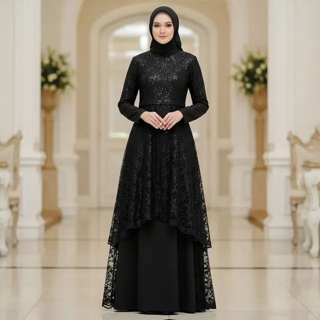 Model Gamis Kombinasi Brokat Hitam