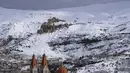 Kota Bcharre yang tertutup salju, menghadap ke lembah Qadisha di gunung Lebanon, di utara ibu kota Beirut (22/2/2022).(AFP/Ibrahim Calhoub)