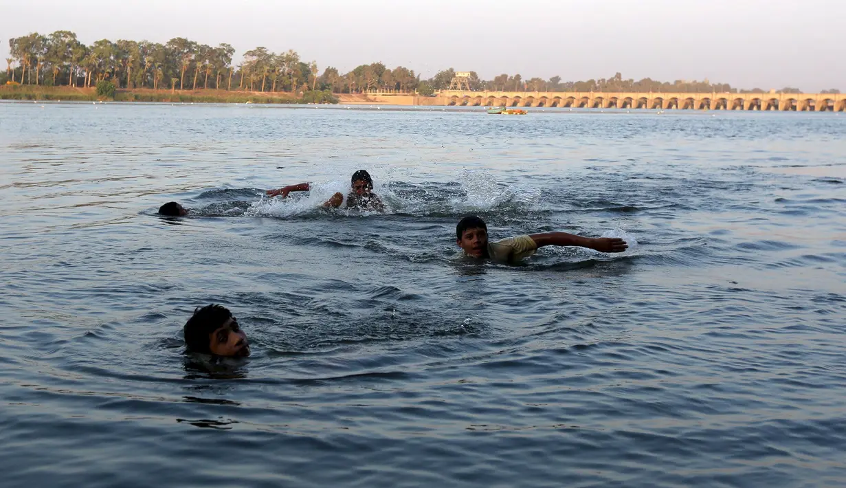 Sejumlah anak menikmati berenang di sungai Nil saat cuaca panas di Kairo, Mesir, Rabu  (12/8/2015). Gelombang panas di Mesir menewaskan paling tidak 61 orang dalam tiga hari terakhir. (REUTERS/Mohamed Abd El Ghany)