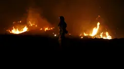 Petugas pemadam kebakaran sedang memantau api di hutan kawasan California, AS, Senin (3/8/2015). Sedikitnya 9.000 petugas damkar berjuang mengatasi sebanyak 18 kebakaran hutan yang melanda Negara Bagian California, AS. (Reuters/ Stephen Lam) 