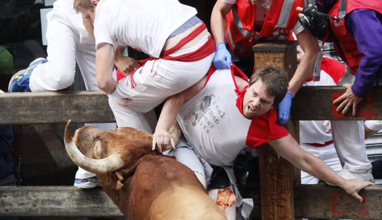 Seorang pria tak dapat menghindari serudukan banteng di Run Bull dalam Festival San Fermin di Pamplona. Aksi seperti ini telah dikecam oleh pecinta binatang (10/07/2014) (AFP PHOTO/Ander GILLENEA)