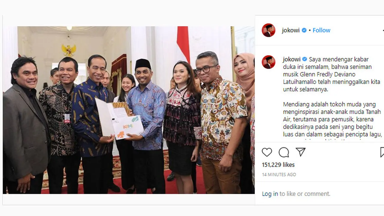 Presiden Jokowi menyampaikan duka cita atas meninggalnya musikus Glenn Fredly melalui instagram.