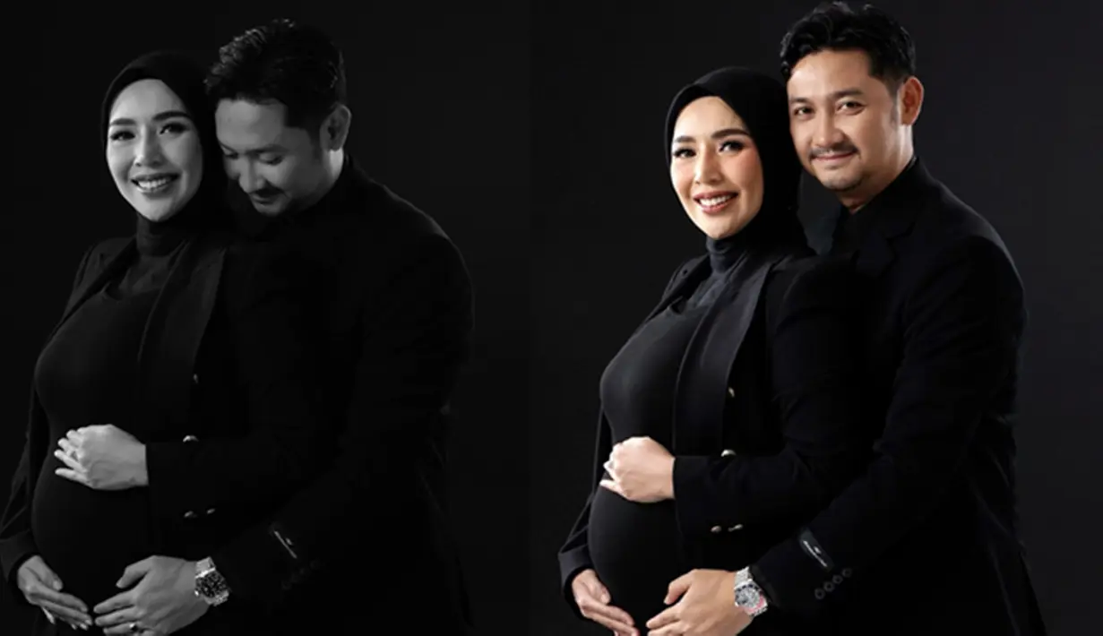 Pada pemotretan selanjutnya, mereka tampil elegan dengan busana serba hitam. Wanita yang disapa Anna itu tampil dengan senyum bahagianya sebentar lagi akan melahirkan anak Angga Wijaya. Baginya, Angga adalah sosok suami yang penyabar, terbaik dan paling pengertian. (Liputan6.com/IG/cinta_swet92)