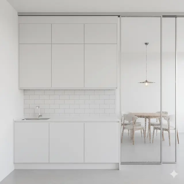 Desain Dapur Rumah Type 36 Ukuran 2x2 Meter dengan Partisi Kaca Geser ke Ruang Makan by Gemini