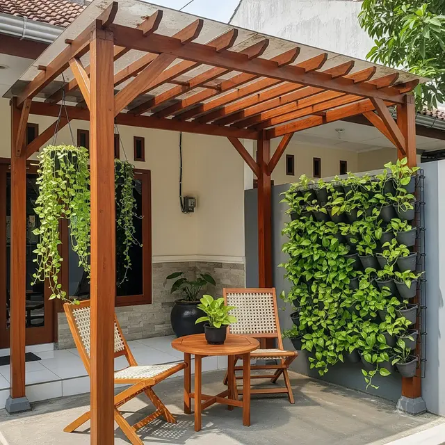Model Teras Rumah Kecil dengan Kanopi Kayu dan Taman Gantung