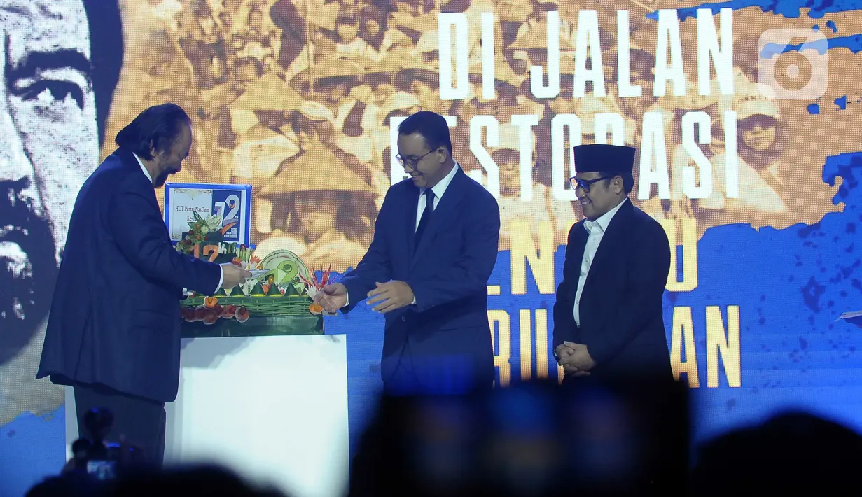 Partai Nasdem merayakan HUT ke-12 di NasDem Tower, Jakarta Pusat pada Sabtu (11/11). Acara itu diikuti Ketua Umum Surya Paloh bersama Anies Baswedan dan Muhaimin Iskandar yang diusung Nasdem sebagai capres-cawapres Pilpres 2024. (merdeka.com/Imam Buhori)