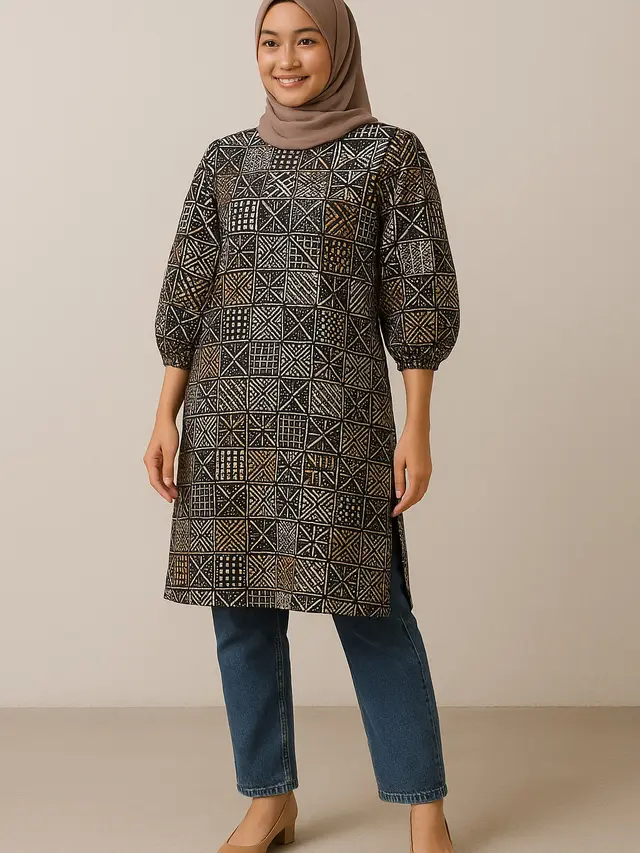 Tunik Batik Katun Belah Samping Lengan Puff