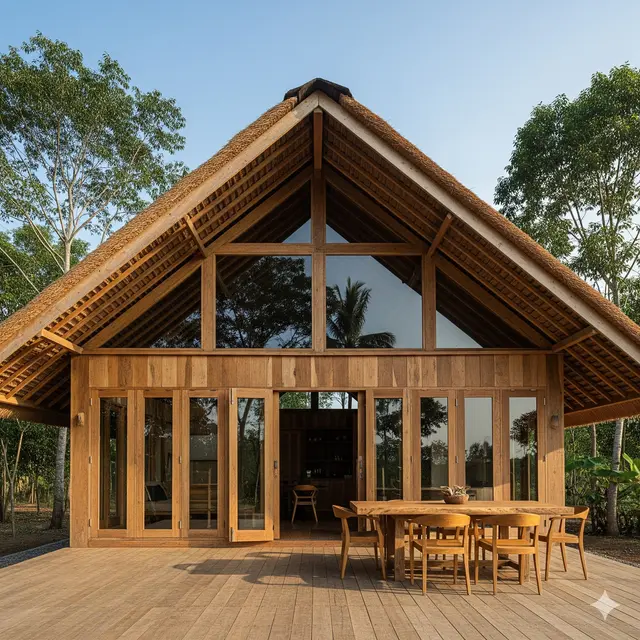 Desain Rumah Gaya Rustic dengan Material Kayu Alami. Gemini