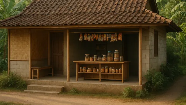 Model Rumah Sederhana dari Bambu dan Batako dengan Warung di Teras