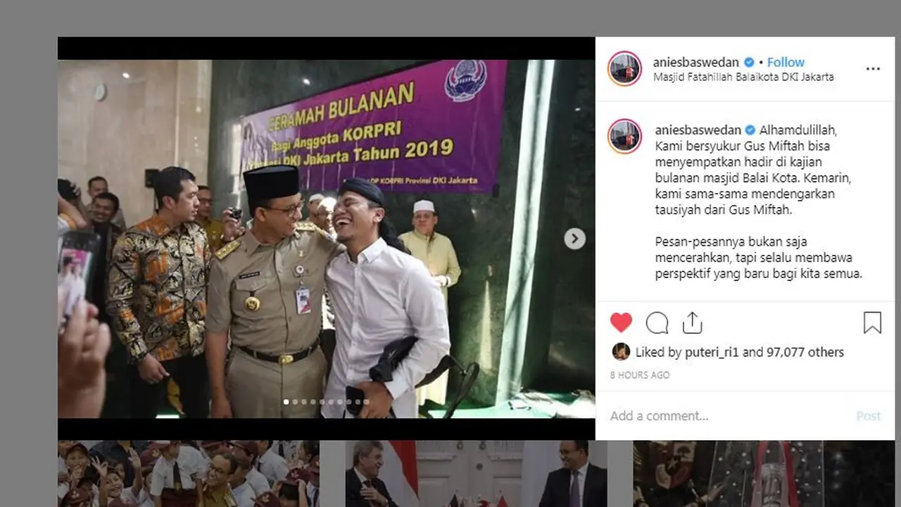Gubernur DKI Jakarta Anies Baswedan bersyukur dikunjungi oleh Gus Miftah di Balai Kota.