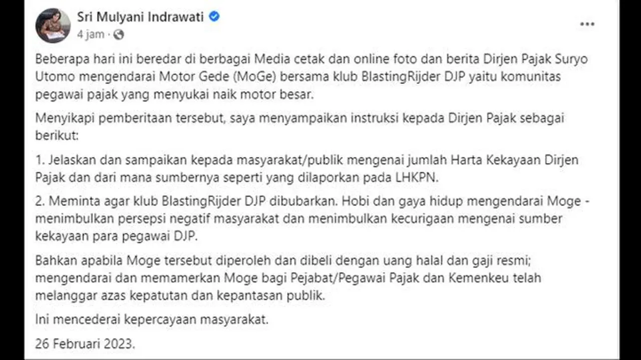 Dua Instruksi Sri Mulyani Soal Komunitas Moge Pegawai Pajak, Belasting Rijder Dibubarkan