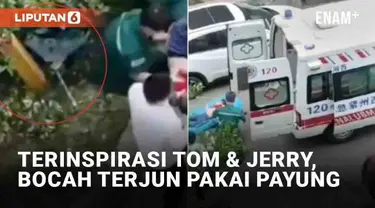 Selalu dampingi anak anda di manapun berada, termasuk saat menonton. Seorang bocah 4 tahun di Hunan, China terjun dari lantai 26. Ia lompat dengan menggunakan payung, terinspirasi kartun Tom & Jerry.