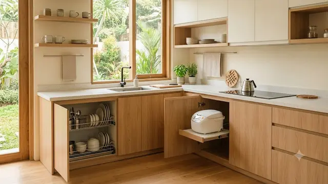 Kitchen Set Bergaya Japandi dengan Dominasi Warna Natural