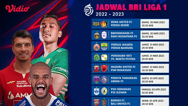 Jadwal Live Streaming BRI Liga 1 2022/2023 Pekan Ke-32 di Vidio, 30 Maret - 5 April 2023
