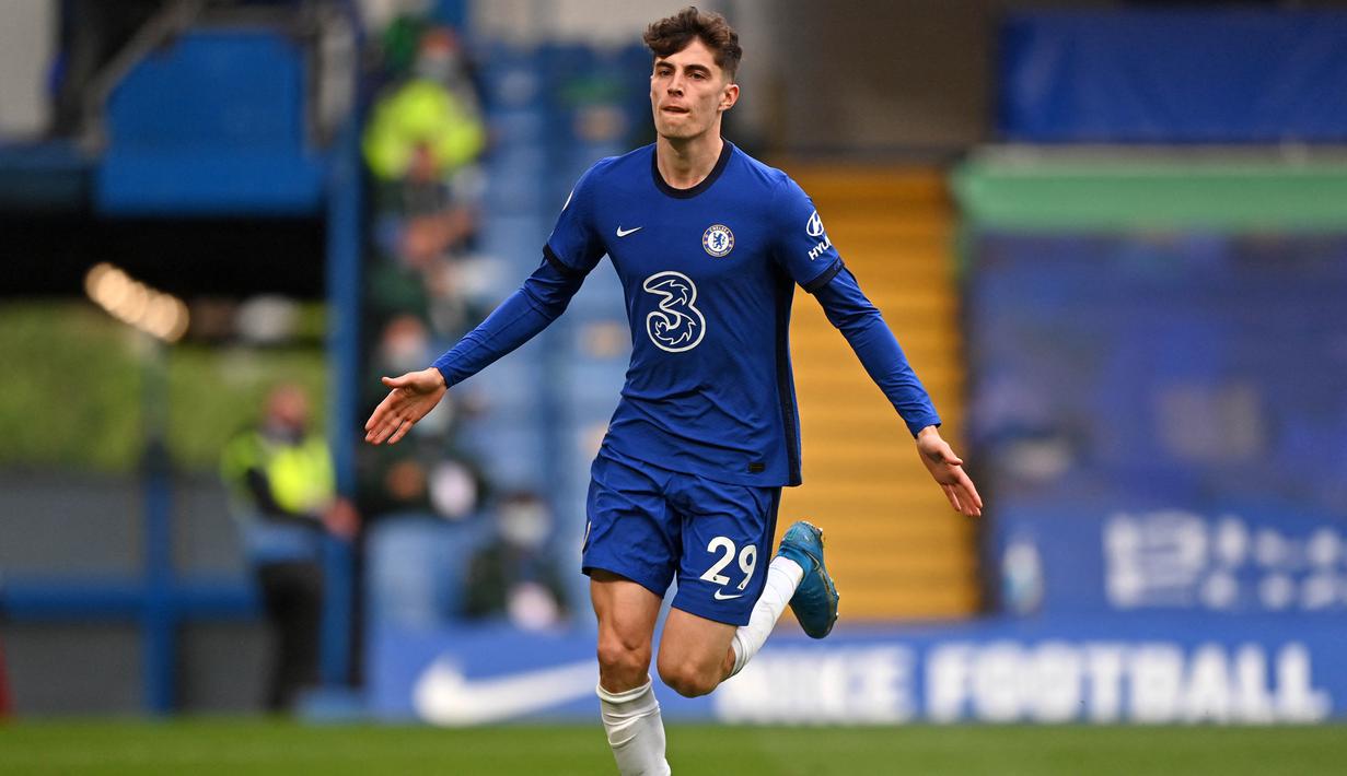 Empat menit sejak kick-off babak kedua, meneruskan operan one-two dengan Timo Werner, Havertz mencetak gol keduanya di laga ini dan menggandakan keunggulan Chelsea. (Foto: AFP/Pool/Justin Setterfield)