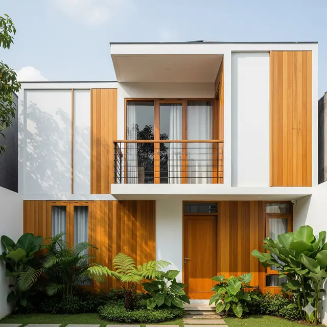Inspirasi Rumah Kayu Minimalis Modern dengan Balkon Kaca. Gemini