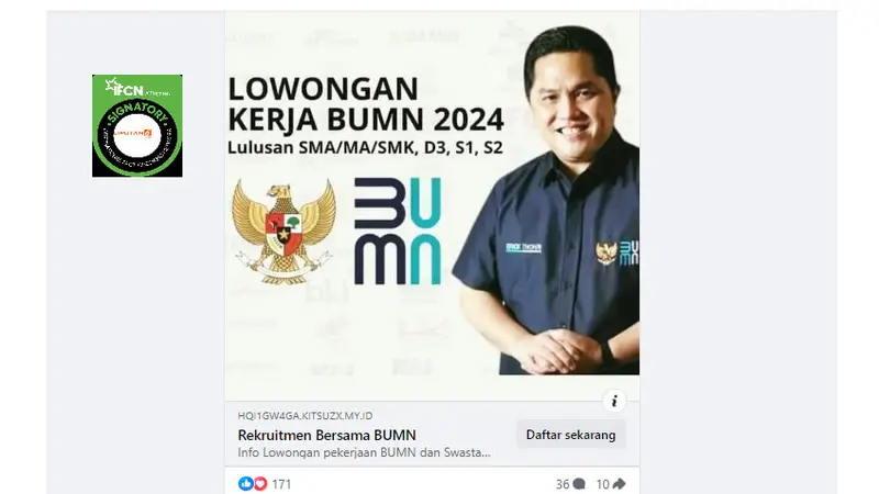 Tangkapan layar klaim pendaftaran lowongan kerja BUMN 2024 lulusan SMA sampai S2