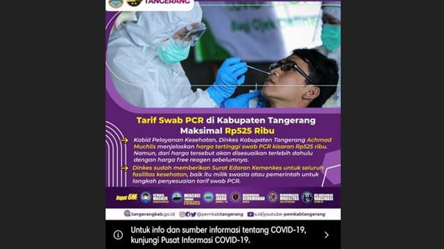 Unggahan Pemerintah Kabupaten Tangerang soal harga tertinggi tes PCR sebesar Rp 525 ribu