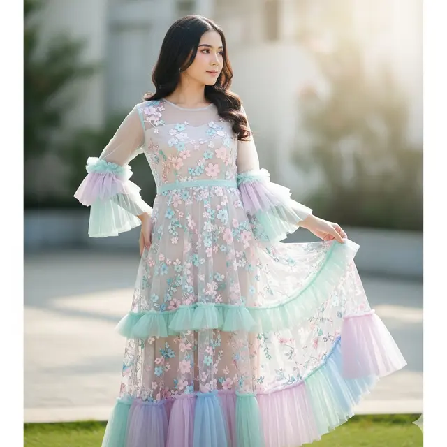 Dress Pastel dengan Motif Floral dan Layer Ruffle