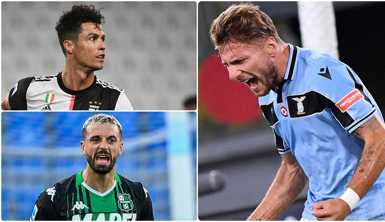 Ciro Immobile berhasil mencetak hattrick saat Lazio melawan Verona. Torehan tiga gol Immobile membuatnya melesat tinggalkan Cristiano Ronaldo di perebutan top skor Serie A musim ini. Berikut top skor Serie A Italia 2019-2020 hingga pekan ke-36. (kolase foto AFP/AP)