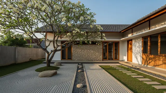 Rumah dengan Teras Mini dan 1 Pohon Rindang Model Jepang dengan Teras Zen