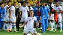 Ekspresi pemain Kolombia, James Rodriguez, setelah mencetak gol ke gawang Paraguay dalam laga Copa America Centenario di Pasadena, California, AS, (7/6/2016). (AFP/Frederic J. Brown)