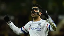 Ekspresi striker Chelsea, Diego Costa, setelah mencetak gol ke gawang Norwich City dalam laga Liga Inggris di Stadion Carrow Road, Norwich, Rabu (2/3/2016) dini hari WIB. (AFP/Ben Stansall)