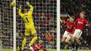 Kiper Chelsea, Robert Sanchez (kiri), tidak dapat menjangkau bola dari sundulan pemain Manchester United, Scott McTominay (dua kanan), dalam pertandingan pekan ke-15 Liga Inggris 2023/2024 yang berlangsung di Old Trafford, Kamis (7/12/2023) dini hari WIB. (AP Photo/Dave Thompson)