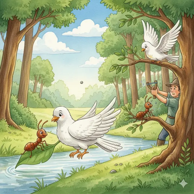 Ilustrasi Dongeng Sunda Merpati dan Semut (Gemini AI)