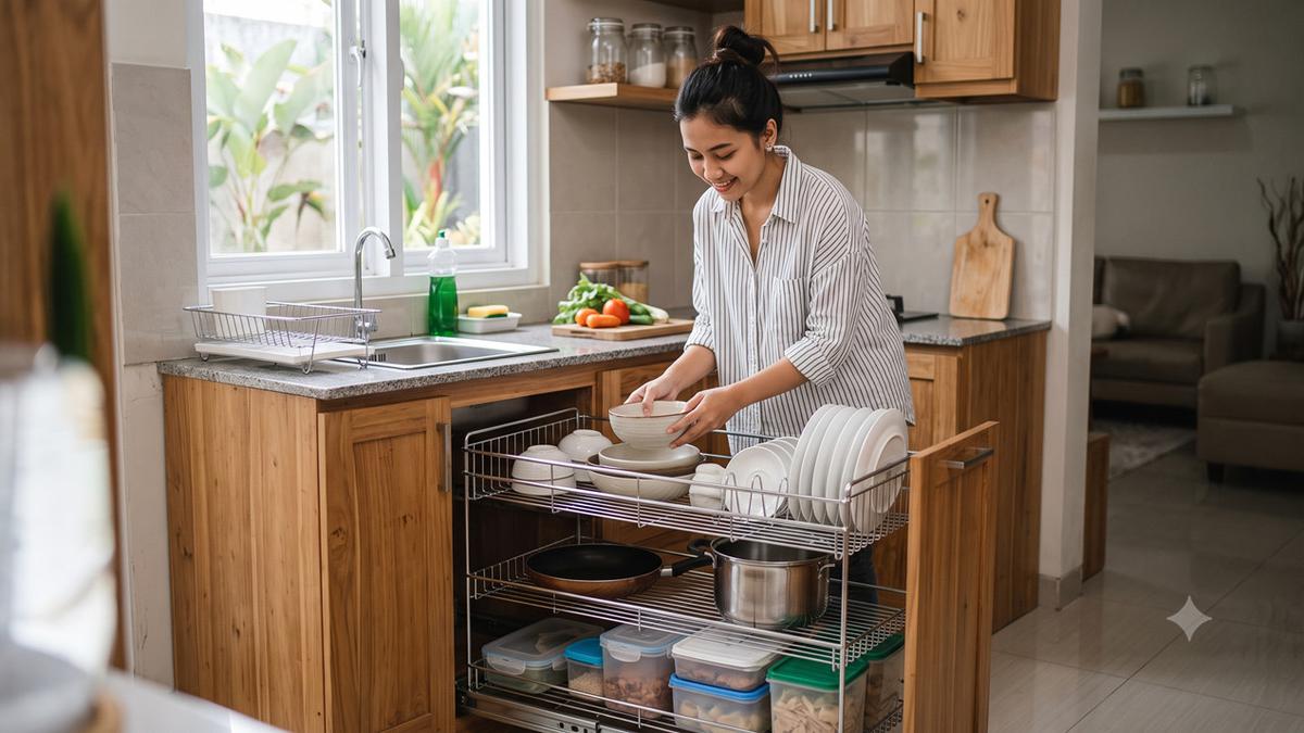 8 Inspirasi Dapur dengan Rak Piring Tarik, Rahasia Kitchen Set Rapi