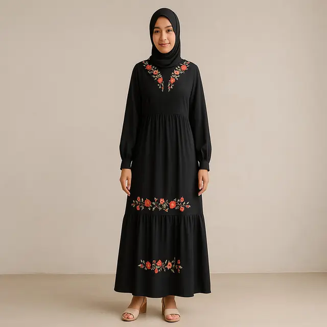 Inspirasi Model Gamis Hitam Bordir Bunga untuk Penampilan Kasual yang Berkelas/Ilustrasi gambar oleh AI