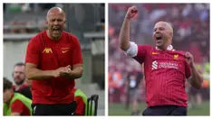 Arne Slot didapuk sebagai suksesor Jurgen Klopp sebagai pelatih Liverpool pada musim 2024/2025. Seperti diketahui, Slot tak banyak merombak pemain-pemain inti The Reds yang biasa dimainkan oleh Klopp. Hal tersebut membuahkan penampilan solid Liverpool sejak awal musim. The Reds memastikan gelar juara Liga Inggris pada pekan ke-34 dengan raihan 82 poin atau terpaut 15 angka dari Arsenal sebagai runner up. Ia juga tercatat sebagai pelatih Belanda pertama yang berhasil meraih gelar Liga Inggris. (Foto kolase: AFP)
