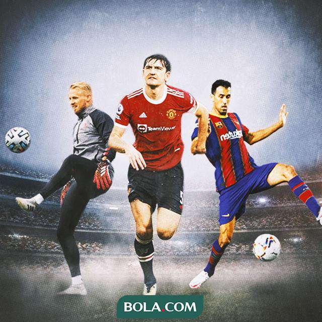 Ilustrasi - Harry Maguire dikelililingi Sergio Busquets Kasper Schmeichel