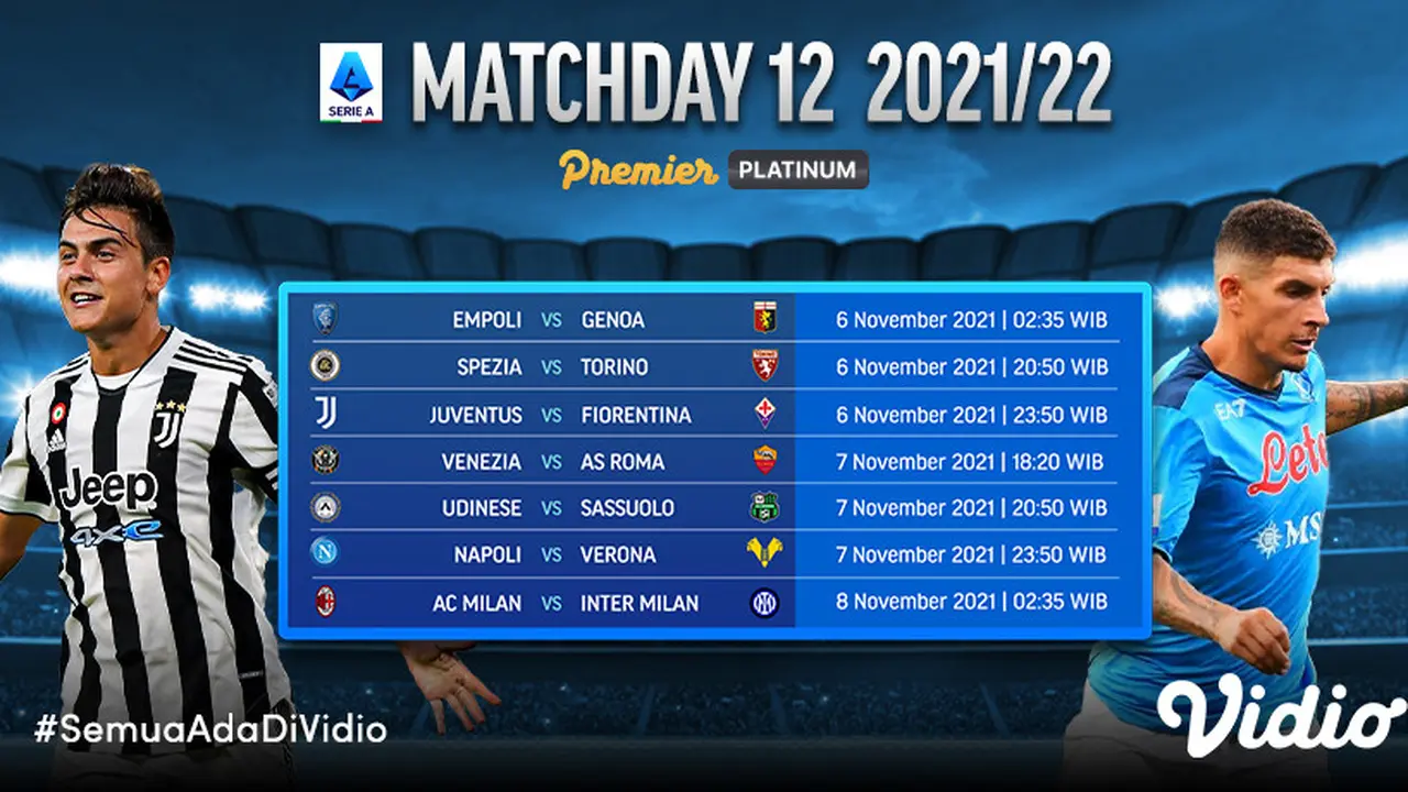 Jadwal dan Live Streaming Liga Italia 2021/2022 Matchday 12 di Vidio Pekan Ini