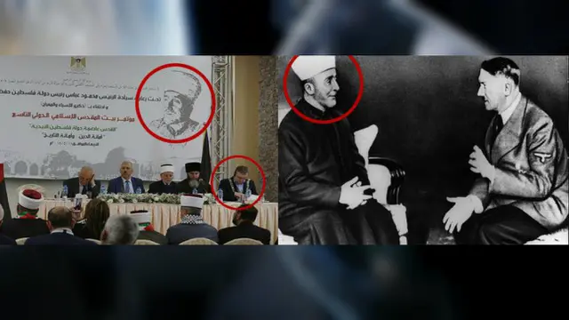 Foto yang dipublikasikan oleh COGAT menunjukkan Micheál Mac Donncha duduk berlatar spanduk yang memuat gambar mufti Amin al-Husseini (Facebook/COGAT)