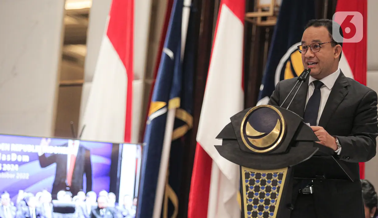 Gubernur DKI Jakarta Anies Baswedan memberikan keterangan dalam pengumuman deklarasi Capres 2024 di Nasdem Tower, Jakarta, Senin (3/10/2022). Partai Nasdem resmi mendeklarasikan Gubernur DKI Jakarta Anies Baswedan sebagai calon presiden (capres) yang akan diusung pada Pilpres 2024. (Liputan6.com/Faizal Fanani)