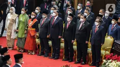 Jajaran menteri-menteri kabinet Jokowi menghadiri Sidang Tahunan MPR dan Sidang Bersama DPR - DPD Tahun 2022 di Gedung Nusantara, Kompleks Parlemen, Senayan, Jakarta, Selasa (16/8/2022). Sidang dihadiri langsung oleh Presiden Joko Widodo (Jokowi), Wakil Presiden Ma'ruf Amin, serta jajaran menteri-menteri kabinet Jokowi serta para ketua lembaga. (Liputan6.com/Johan Tallo)