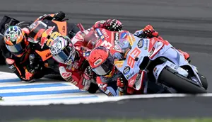 Pembalap&nbsp;Gresini Racing, Marc Marquez (nomor 93), finis di urutan kedua sprint race MotoGP Australia 2024 di Sirkuit Philip Island, Sabtu (19/10/2024) siang WIB. (AFP/Paul CROCK)